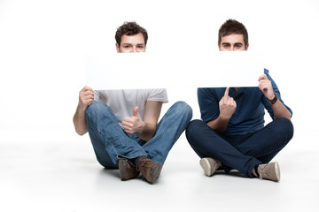 two men showing white benner