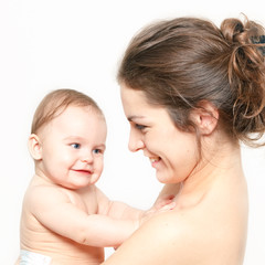 Mother with baby on white