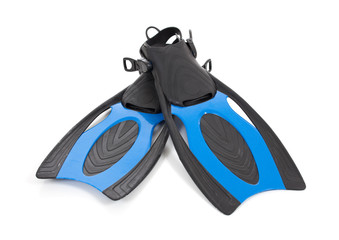 Blue diving fins on a white background