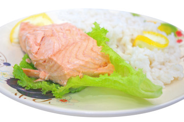 Trout and rice with leaf lettuce
