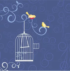 Papier Peint photo Oiseaux en cages deux oiseaux amoureux hors de la cage