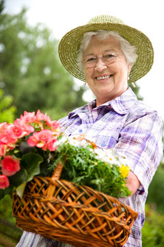 Senior woman with a basket of  flowers in her garden