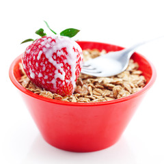 strawberry,milk,fork and wheat in a bowl isolated on white