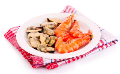 Cooked shelled tiger shrimp and mussels isolated on white