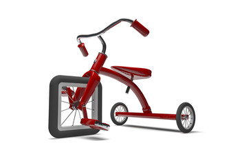 Red tricycle with slight design flaw - obrazy, fototapety, plakaty