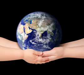 Child and woman holds earth globe
