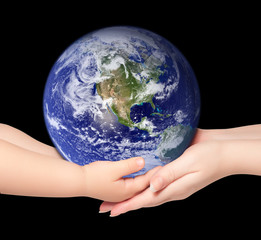 Child and woman holds earth globe