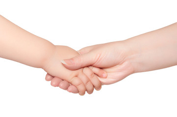 Woman hold hand of little child