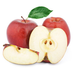 Two red apples and half. Isolated on a white background.