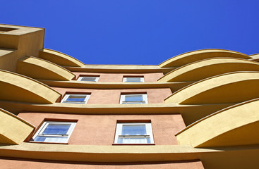 Close-up modern building with blue sky background