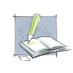 Open book icon with a pencil (simple linear drawing)