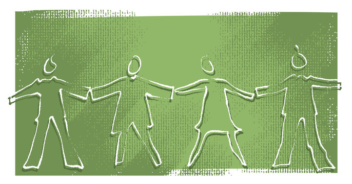 Four people holding hands, silhouette icons (painterly drawing)
