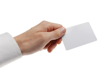 White plastic card in man hand