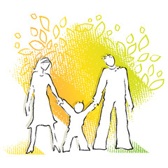 Young family, simple silhouette on colorful background