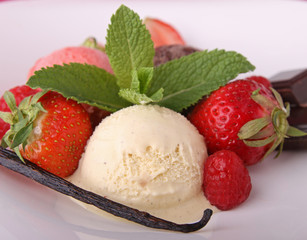 boule de glace, vanille et fruits
