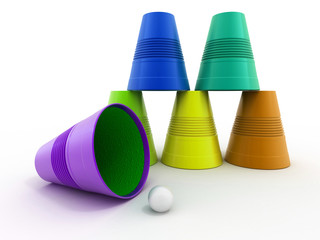 Pyramid from inverted  plastic cups on isolated background