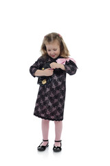 Pretty little child girl in black elegant party dress with lipst