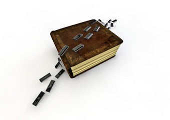 Computer chip ants crawling over ancient book
