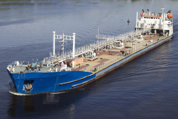 Big blue barge on Volga River