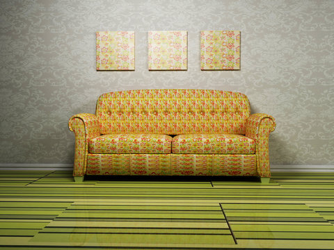 Modern interior design with a nice shiny sofa on the green parqu