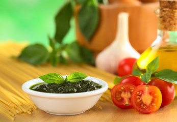 Fresh pesto made of basil, garlic and olive oil