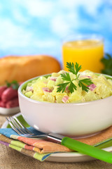 Potato salad seasoned with a mayonnaise dressing