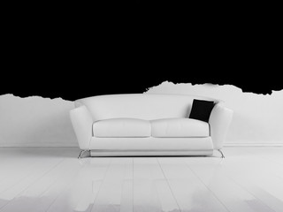 Modern  interior design of living room with a white sofa