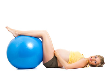 Fototapeta na wymiar Pregnant woman with gymnastic ball isolated on white