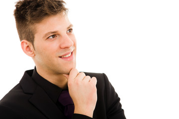 Closeup of a Pensive young business man, isolated on white