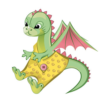 Illustration of Cute Cartoon baby dragon in shorts pointing