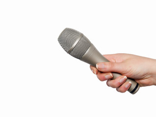 Womans hand holding microphone