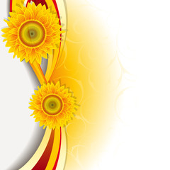 Orange background with a wave and sunflowers.