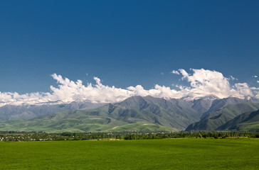 Naklejka premium Panoramic mountain landscape with a green field in the foregrou
