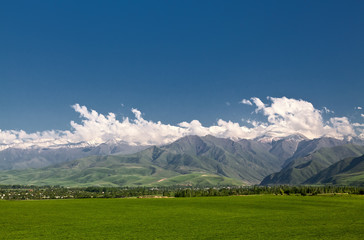 Panoramic mountain landscape with a  green field in the foregrou