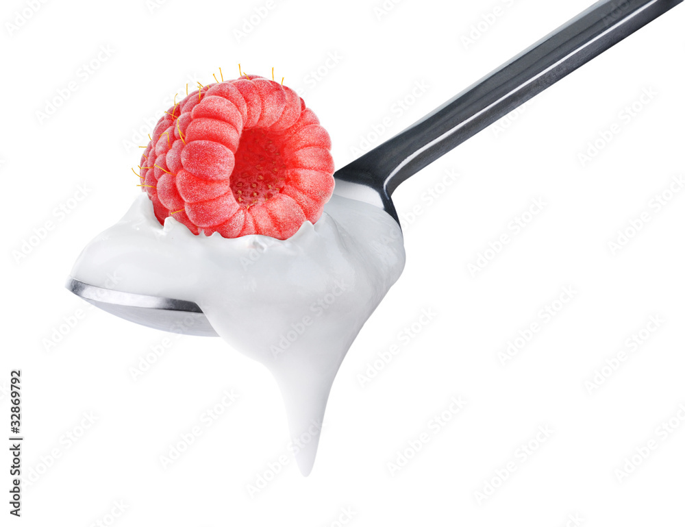Aufkleber isolated yogurt. spoon of natural yogurt with raspberry fruit on top isolated on white background