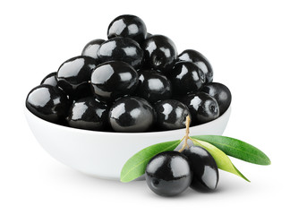 Isolated olives. Black olive fruits in a bowl isolated on white background