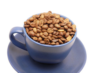 Coffee grains in a blue cup on a white background