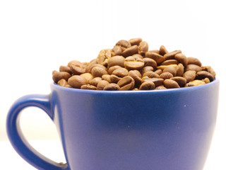 Coffee grains in a blue cup on a white background