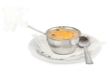 Julienne of chicken and mushrooms under baked cheese