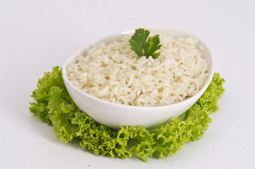 White steamed rice in round bowl