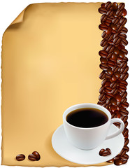Design with cup of coffee and coffee grains. Vector.