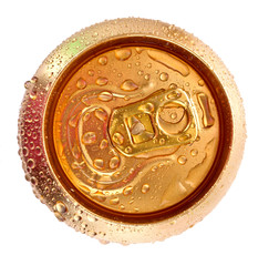 Closeup of metallic beer with water drops isolated on white