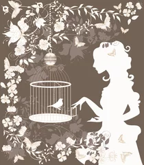 Afwasbaar Fotobehang Vogels in kooien Vintage achtergrond met bloemen, vogel en meisje silhouet