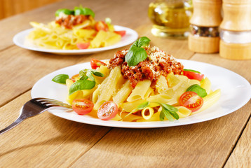 Pasta rigatoni on the white plate