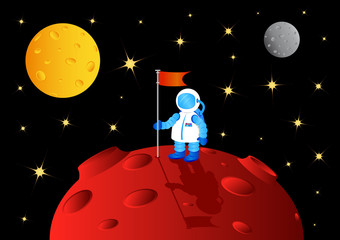 astronaut with flag on another planet