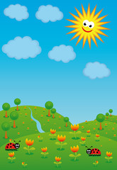 paysage avec nuages, arbres, soleil et coccinelles