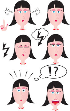 set of woman face with various emotion expressions