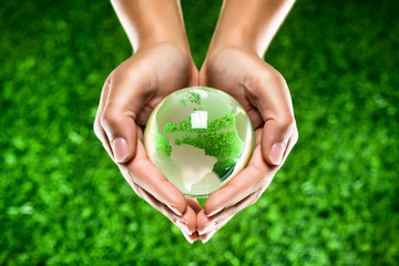 planète terre mains écologie / green earth globe in hands