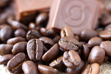 Cubes of chocolate coffee beans background