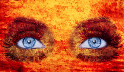 abstract blue eyes makeup woman texture red yellow